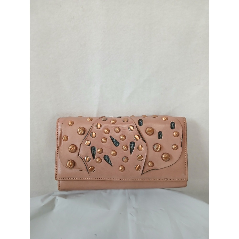 Patricia Nash Blush Pink Italian Leather Studded Leaf Trifold Wallet Organizer